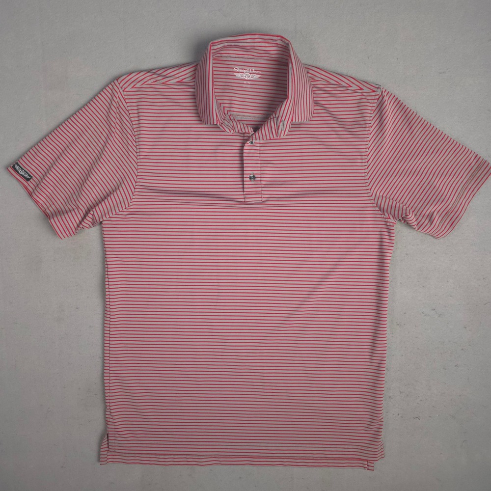 Straight Down Mens Golf Polo Shirt Medium‎ Red Grey Striped Performance Stretch